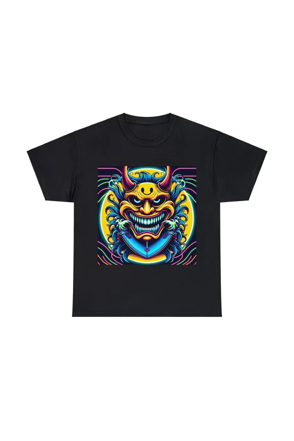 Unisex Adult T Shirt Neon Demon Samurai Warrior Graphic Tee Oni Mask Japanese
