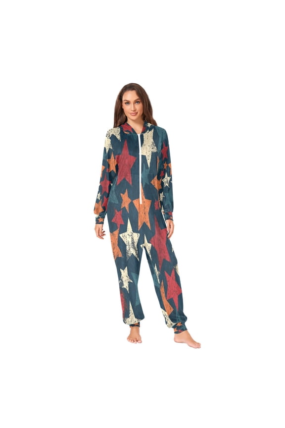 Unisex Adult Vintage Red Star Printed Onesie Pajamas Ultra-Soft Crystal Velvet Loose Fit One Piece Union Suit with Hood (S)