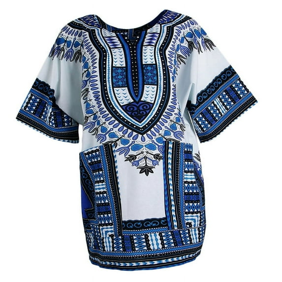Unisex African Embroidery Prints Dress Cotton Dashiki Shirt Hippie Tshirt - Blue, as described