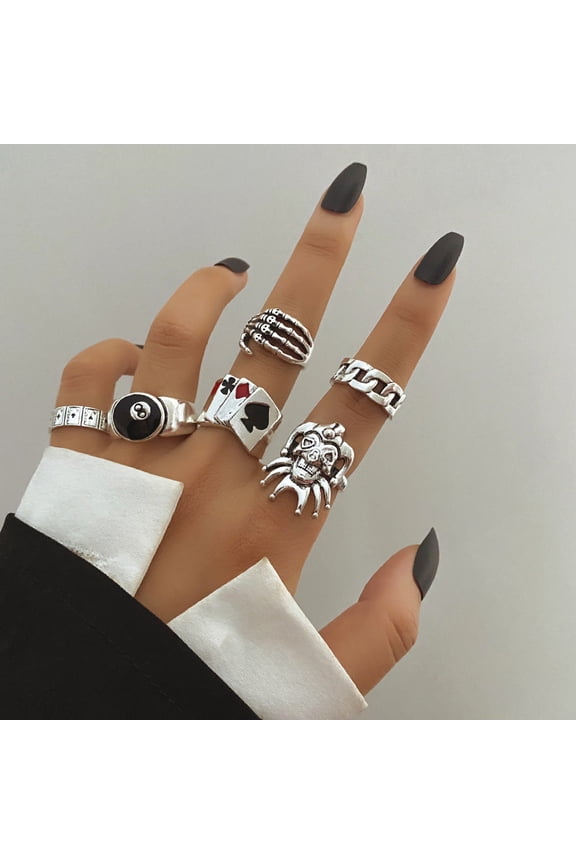 Unisex Alloy Poker Card Drip Rings Set - 6 Pieces: Trendy Metal, Plaid, Ethnic, Crown, Skull, Geometry, and Rainbow Designs