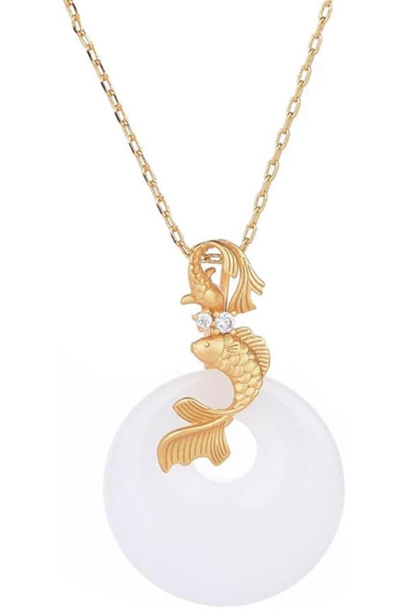 Unisex Alloys Simple Hip Hop Carp Leaping Over The Dragon Gate Simulated White Jade Lucky Signet Pendant Necklace