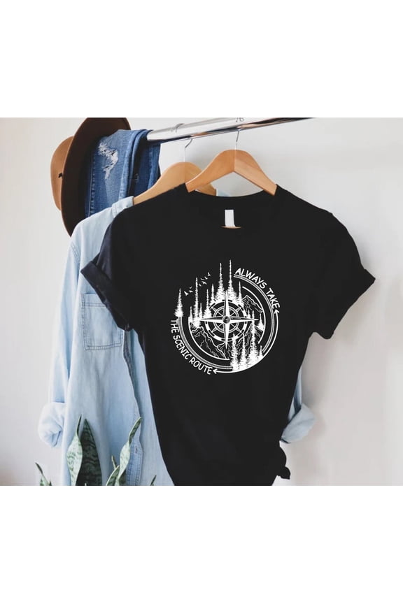 Unisex Always Take The Scenic Route Compass T-Shirt Cotton Graphic Tee-All Size S-5Xl