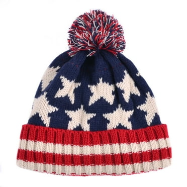 Unisex American Flag Knit Pom Pom Winter Beanie Ski Hats with Stars for Cold Weather