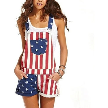 Unisex American Flag Overalls Adjustable Strap Bib Denim Shorts Romper July 4th One Piece Jumpsuit for Men Women