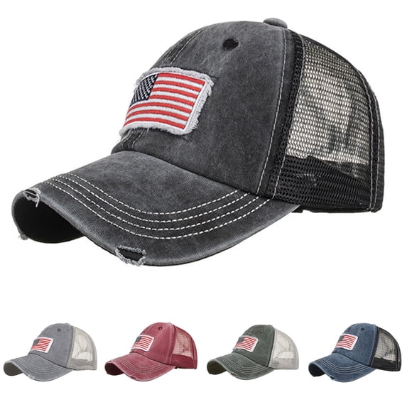 Unisex American Flag Patch Mesh Back Baseball Cap July of 14 Vintage Distressed Trucker Hat