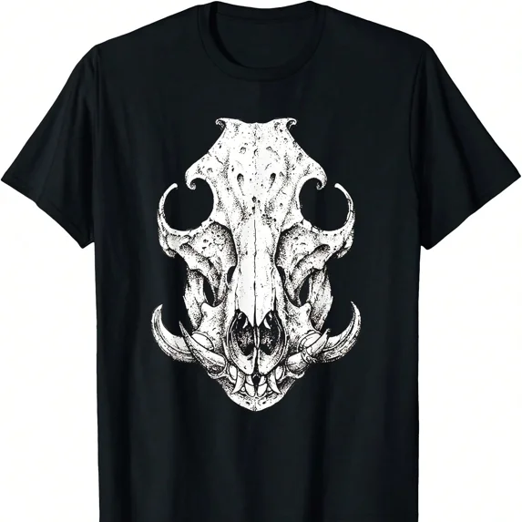 Unisex Animal Skull Graphic T-Shirt, Gothic Wild Boar Skeleton Black Cotton Tee