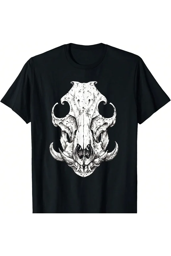Unisex Animal Skull Graphic T-Shirt, Gothic Wild Boar Skeleton Black Cotton Tee