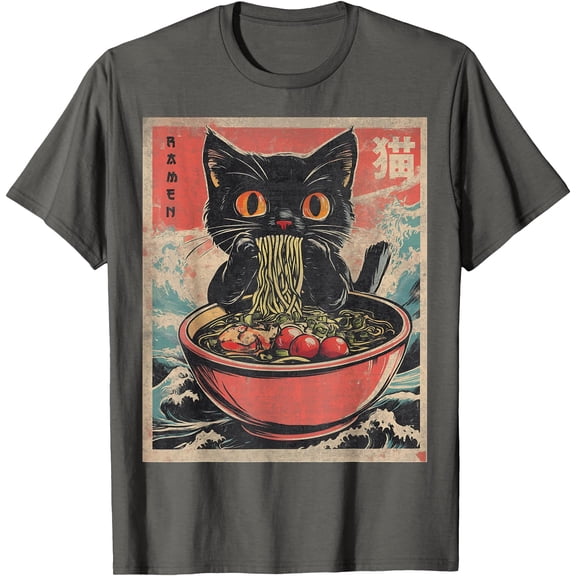 Unisex Anime Cat Ramen Japanese Funny Graphic Gifts Unisex T-Shirt for Men Women Kids Toddler,Charcoal Color,Size XL