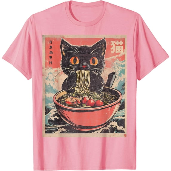 Unisex Anime Cat Ramen Japanese Funny Graphic Gifts Unisex T-Shirt for Men Women Kids Toddler,Light Pink Color,Size 2XL