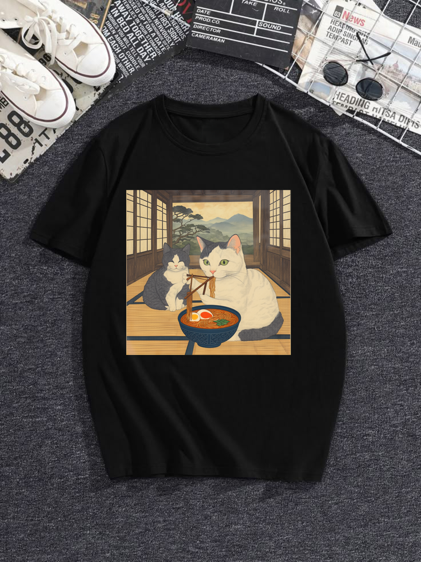 Unisex Anime Cat Ramen Japanese Funny Graphic Tees Kawaii Cat Anime ...