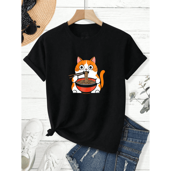 Unisex Anime Cat Ramen Japanese Funny Graphic Tees Kawaii Cat Anime Gifts T-Shirt