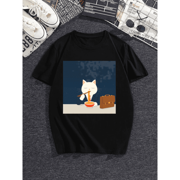 Unisex Anime Cat Ramen Japanese Funny Graphic Tees Kawaii Cat Anime Gifts T-Shirt