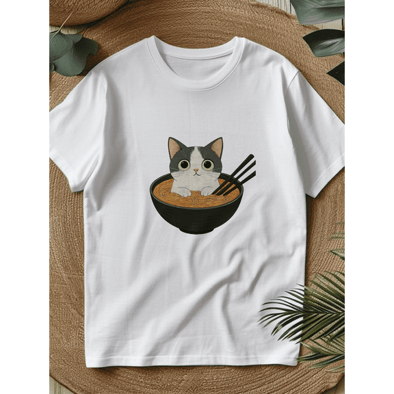Unisex Anime Cat Ramen Japanese Funny Graphic Tees Kawaii Cat Anime Gifts T-Shirt