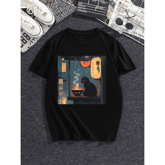Unisex Anime Cat Ramen Japanese Funny Graphic Tees Kawaii Cat Anime Gifts T-Shirt