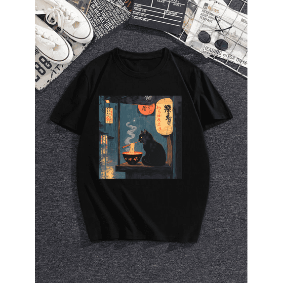 Unisex Anime Cat Ramen Japanese Funny Graphic Tees Kawaii Cat Anime Gifts T-Shirt
