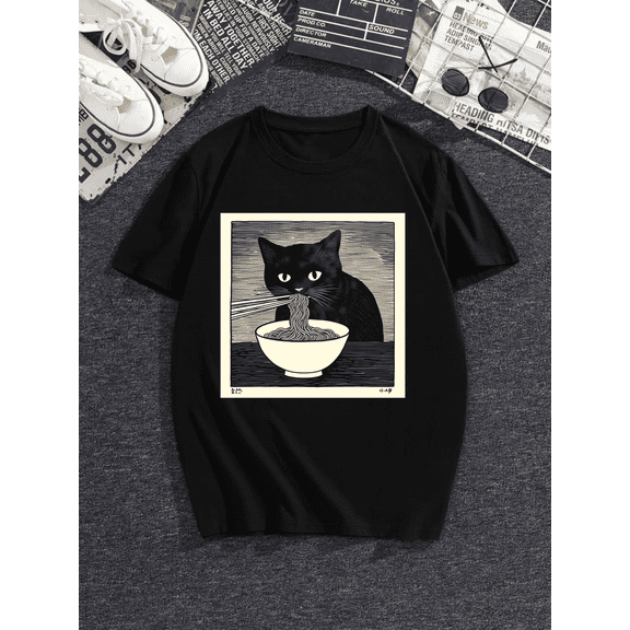 Unisex Anime Cat Ramen Japanese Funny Graphic Tees Kawaii Cat Anime Gifts T-Shirt