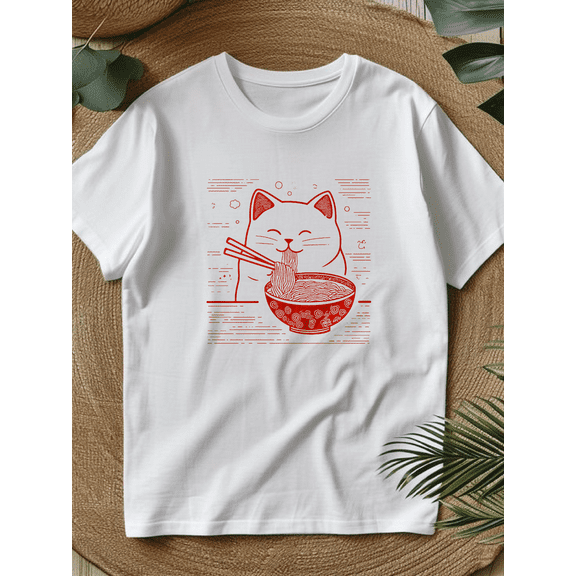 Unisex Anime Cat Ramen Japanese Funny Graphic Tees Kawaii Cat Anime Gifts T-Shirt