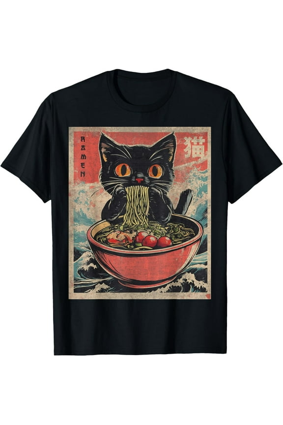 Unisex Anime Cat Ramen Japanese Funny Graphic Tees Kawaii Cat Anime Gifts T-Shirt