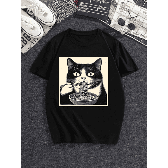 Unisex Anime Cat Ramen Japanese Funny Graphic Tees Kawaii Cat Anime Gifts T-Shirt