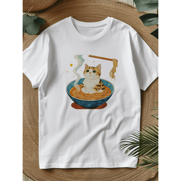 Unisex Anime Cat Ramen Japanese Funny Graphic Tees Kawaii Cat Anime Gifts T-Shirt