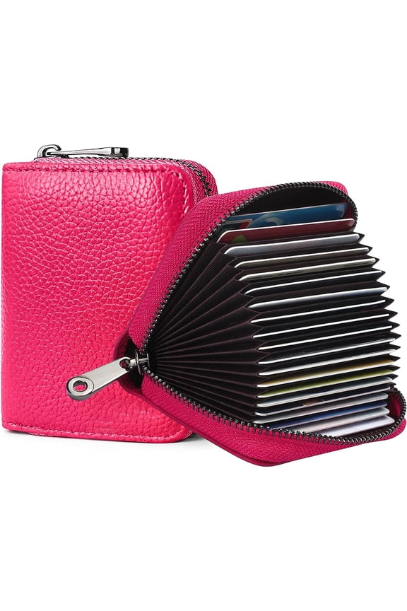 Unisex Anti-Credit Card Fraud Multi-Compartment 20 Slot Leather Credit Card Holder Wallet, Rose Pink