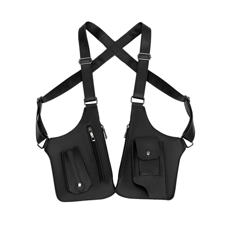 Unisex Anti-Theft Leather Double Shoulder Chest Bag, Adjustable Vest-Style Sling Bag with Multi-Pocket Pouch Wallet Design for Phone, Keys And Passport
