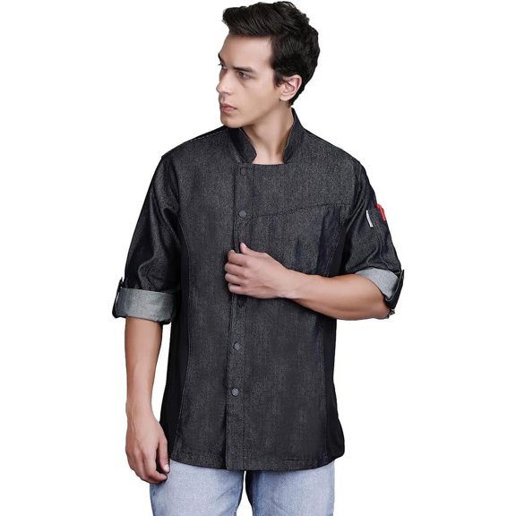 Unisex Asymmetrical Black Denim Color Jeans Chef Coat with Side mesh for All kind of Chefs Size XS