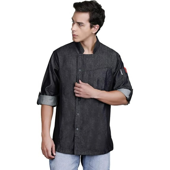 Unisex Asymmetrical Denim Jeans Black Color Chef Coat with Side mesh for All kind of Chefs S Size