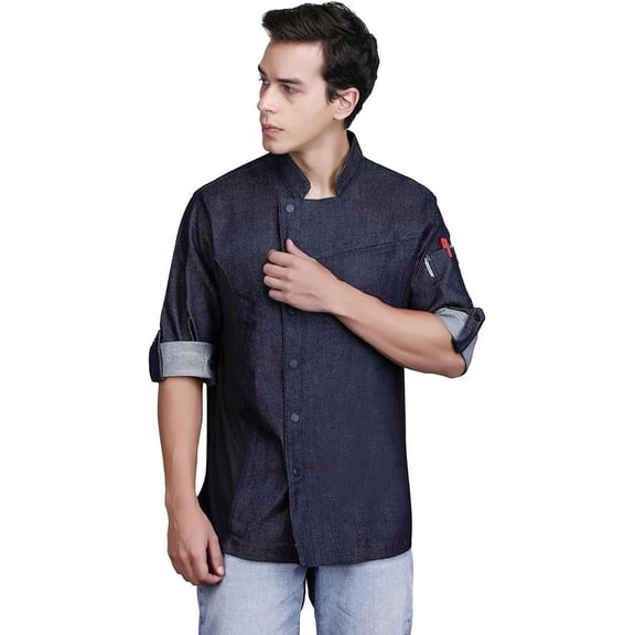 Unisex Asymmetrical Navy Blue Denim Color Jeans Chef Coat with Side mesh for All kind of Chefs Size L