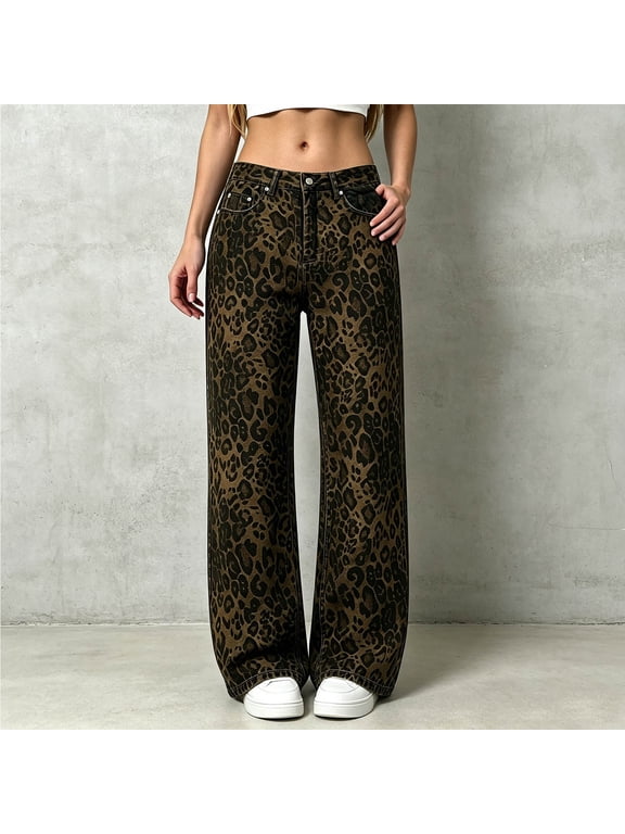 Unisex Autumn Denim Loose Leopard Print Wide Leg Pants High Street Casual Draping Floor Length Trousers Bottoms