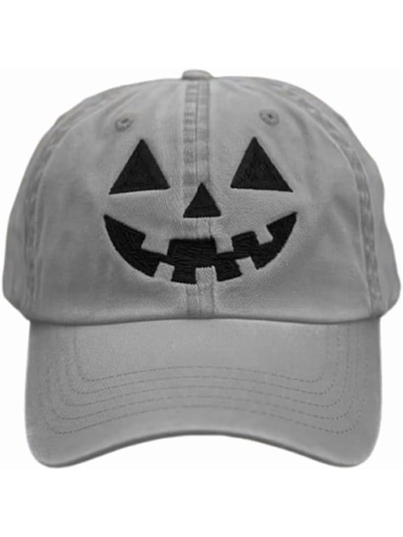 Unisex Autumn Halloween Pumpkin Face Baseball Hat,Grey Jack-o lantern Pumpkin Embroidered Adjustable Spooky Season Cap