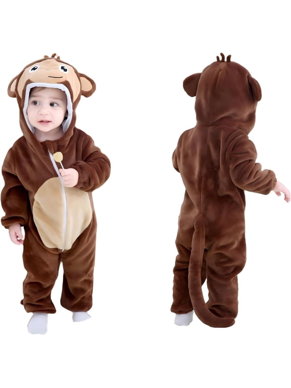 Unisex Baby Animal Onesie Flannel Hooded Romper for Toddlers Winter Jumpsuit for Boys and Girls,6-12 Months,Monkey