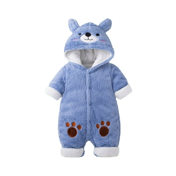 Unisex Baby Boys Winter Outfit Warm Bodysuit with Bear Cartoon Design Hooded Long Sleeve Cozy Romper for Infant Toddler Cold Weather Wear Blue 0 Months-3 Months