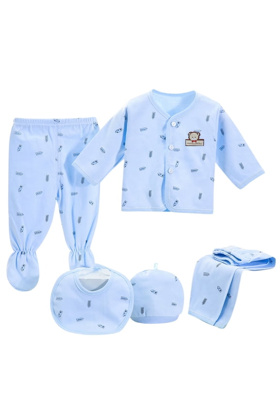 Unisex Baby Clothes 5 Pieces Layette Sets Cotton Newborn Infant Footies Outfits Gifts for 0-3 Months Blue