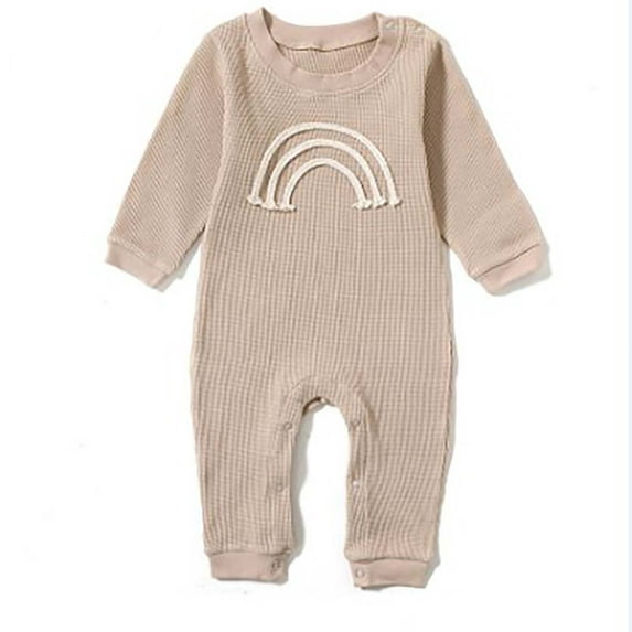 Unisex Baby Clothes Round Neck Long Sleeve Solid Color Soft Breathable Jumpsuit Toddler Clothes Khaki 9-12 Months