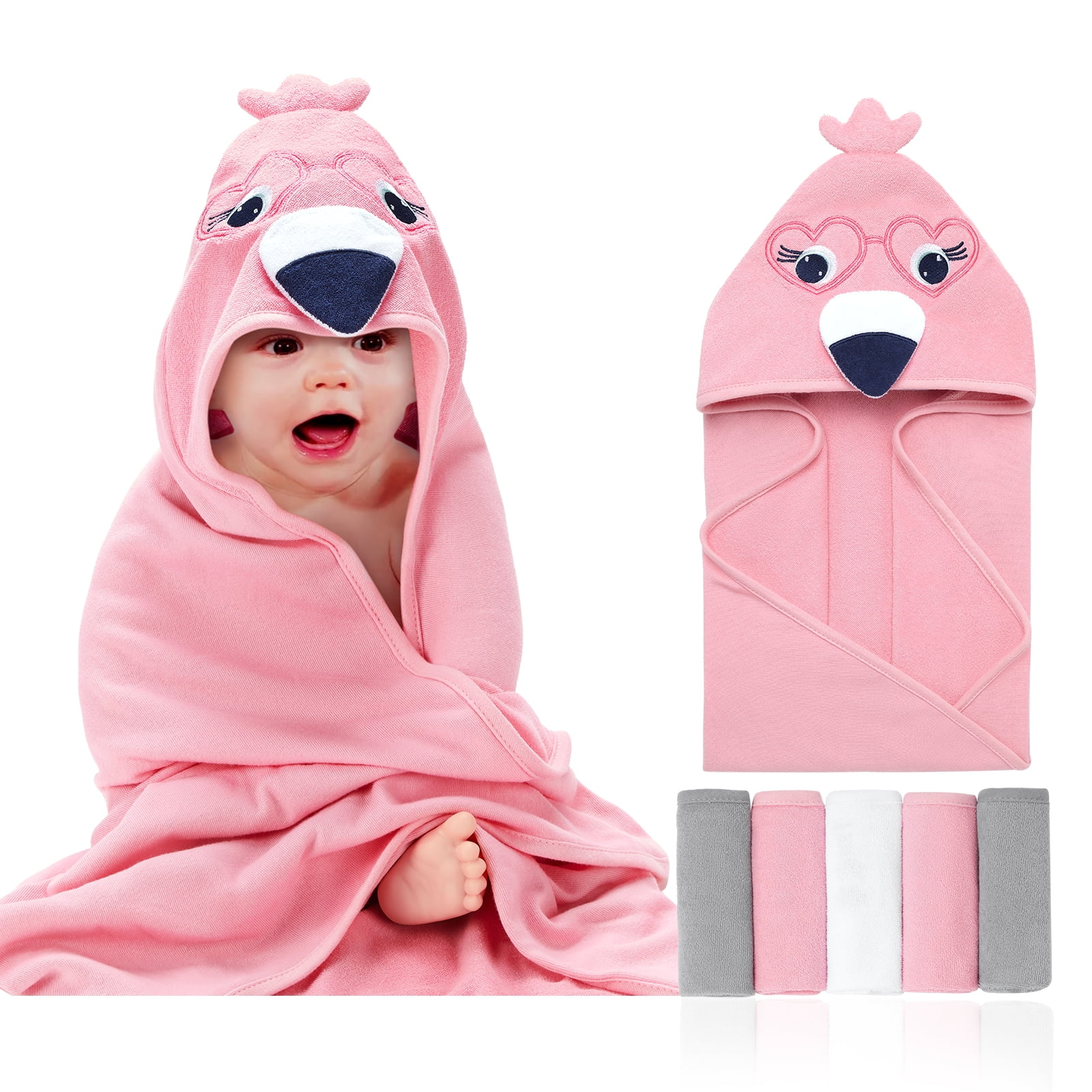 Unisex Baby Cotton Animal Face Hooded Towel, Flamingo, One Size