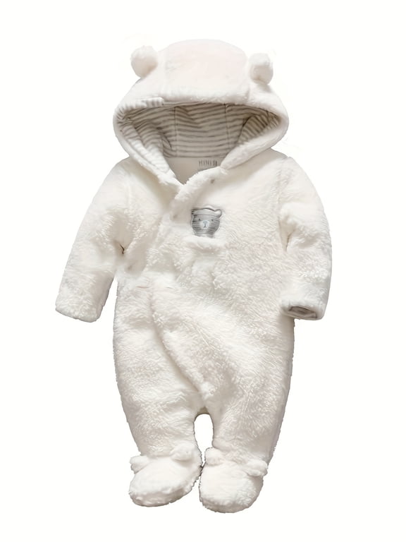 Unisex Baby Hooded Fleece Footie Romper, Bear Print Long Sleeve Winter Snowsuit with Button Closure, 0-12 Months