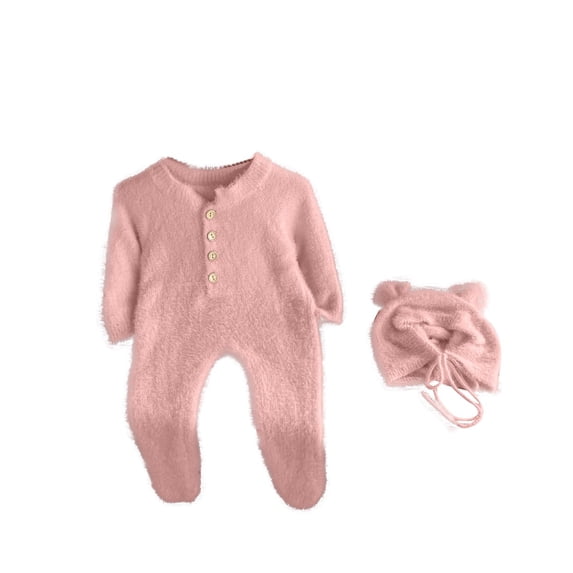 Unisex Baby Jumpsuit Fuzzy Fleece Button down Long Sleeve Warm Snowsuit with Bear Hat Infant Girls Clothes 0-12M, Pink, 6 Months
