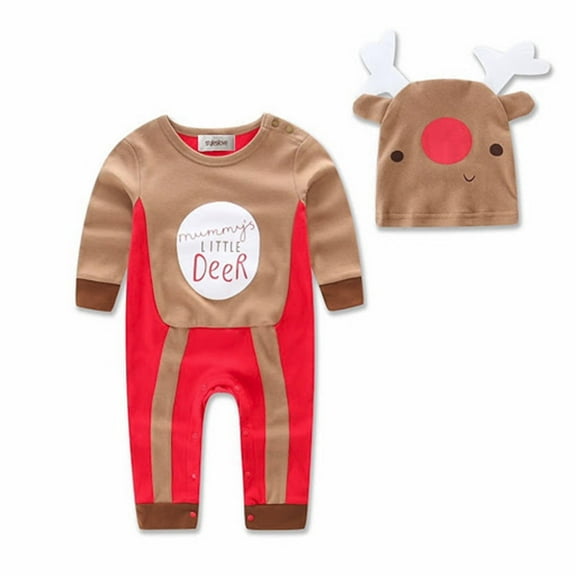 Unisex Baby Lovely Christmas Deer Snowman Cotton Winter Romper with Hat 2 ocs Outfit Set (80/6-12 Months, Brown Deer)