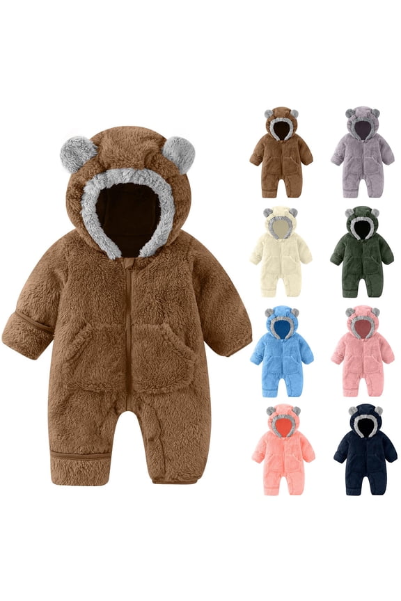 Unisex Baby Romper Hooded Solid Color Long Sleeve Thickened Velvet Children's Bear Baby Suit Girls Boys Winter Wool Clothes Hooded Jumpsuit Snow Suit