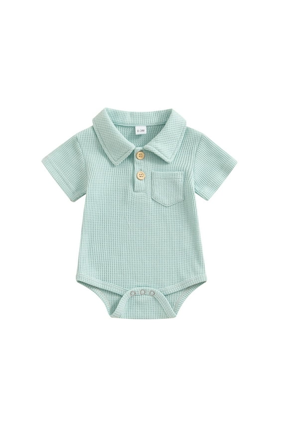 Unisex Baby Short Sleeve Onesies Bodysuit Solid Color Ribbed Dry Fit Infant Jumpsuit Button Down Lapel Pockets Newborn Romper Summer Clothes