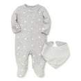 thumbnail image 1 of Unisex Baby Sleepers Heather Grey and White Stars One-Piece Zipper Footie Pajamas and Striped Bandana Bib for Boys or Girls - 6 Months, 1 of 1