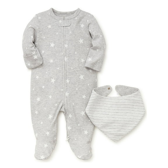Unisex Baby Sleepers Heather Grey and White Stars One-Piece Zipper Footie Pajamas and Striped Bandana Bib for Boys or Girls - 9 Months