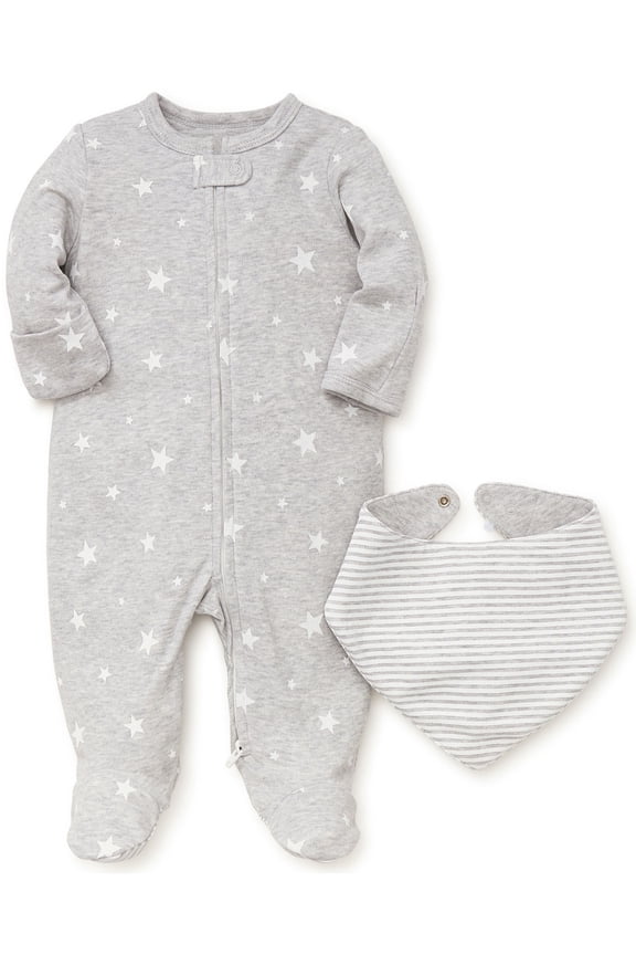Unisex Baby Sleepers Heather Grey and White Stars One-Piece Zipper Footie Pajamas and Striped Bandana Bib for Boys or Girls - 9 Months