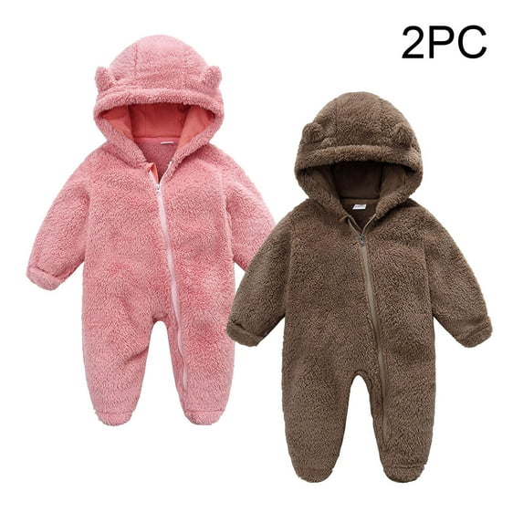 Unisex Baby Snowsuit Bear Ear Hooded Jumpsuit Fleece Romper Toddler Winter Front Zipper Hooded Coat Outfits Casual Holiday Party Warm Jumpsuit Daily