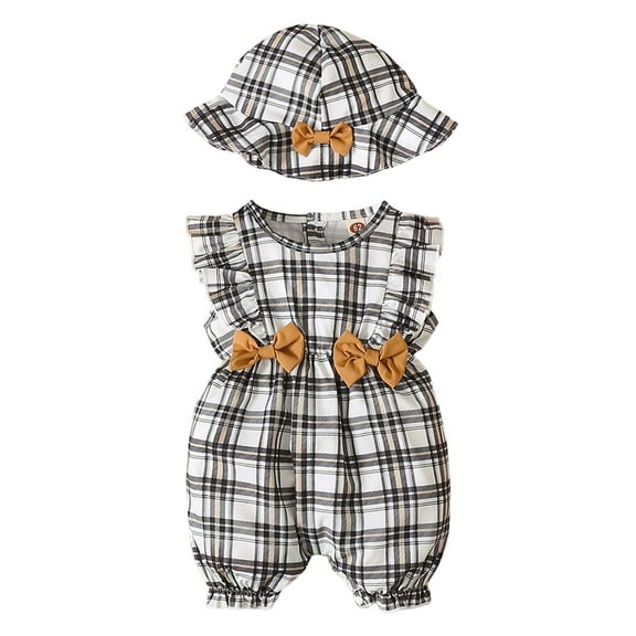 Unisex Baby & Toddler Sleeveless Plaid Romper Black White Flat Waist Bodysuit For Trendy Dailywear 12-18 Months