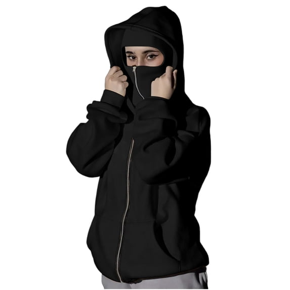 Unisex Balaclava Hoodie with Built-In Eye Mask, Double Hooded Hoodies, Full Zip Hooded Sweatshirt for Cold Weather