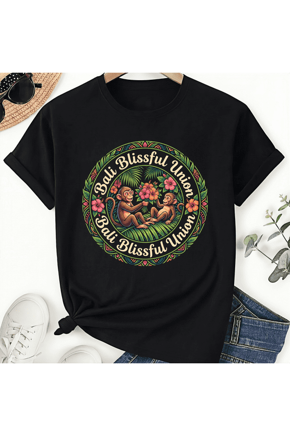 Unisex Bali Blissful Union Tropical Badge Graphic Tee Monkeys Flowers Jungle Palms Short Sleeve Casual T-shirt