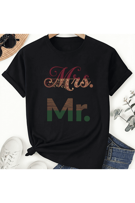 Unisex Baroque Damask Wood Mrs Mr Couple Graphic Tee Ornate Forest Married Set Short Sleeve Casual T-shirt
