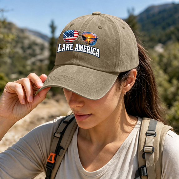 Unisex Baseball Cap, Vintage Washed Cotton Adjustable Dad Hat for Men and Women "LAKE AMERICA", Curved Brim Casual Cap for Everyday Outdoor Wear